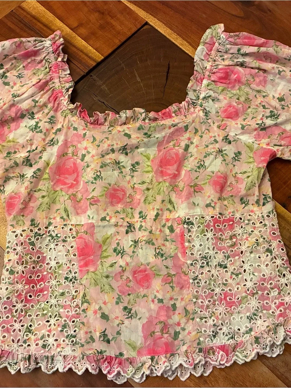 LoveShackFancy Pink Floral Lace-Trim Button Front Blouse